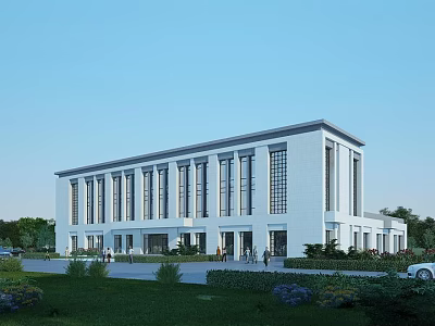 Modern White Office Building With Large Windows And Front Lawn Greenery Near Road Entrance 3d model