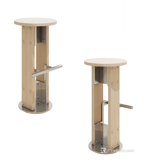 Modern Bar Stools With Round Seat Wooden Column And Metal Frame Design 3d model 