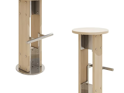 Modern Bar Stools With Round Seat Wooden Column And Metal Frame Design 3d model