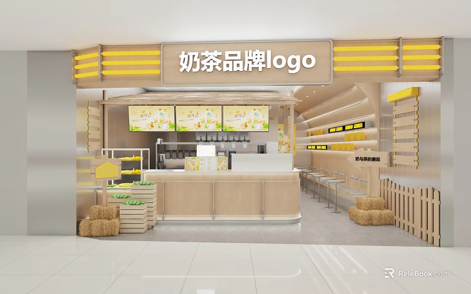 Modern Bubble Tea Shop Interior Design With Brand Logo Counter And Menu Screens 3d model 