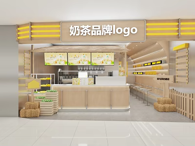 Modern Bubble Tea Shop Interior Design With Brand Logo Counter And Menu Screens 3d model