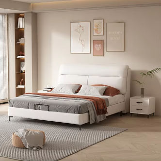 Double Bed Leather Soft Bag Double Bed Light Luxury Master Bedroom Bed Italian Style Minimalist Leather Bedroom Nightstand 3d model