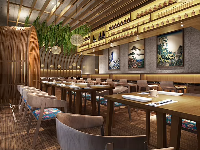 Warm Restaurant Interior Design With Wooden Structures Hanging Lights Green Plants And Decorative Paintings 3d model
