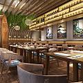 Warm Restaurant Interior Design With Wooden Structures Hanging Lights Green Plants And Decorative Paintings