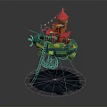 Cartoon Scene with Flying Ship Featuring Red Tower Ladder and Net Over Dark Blue Water