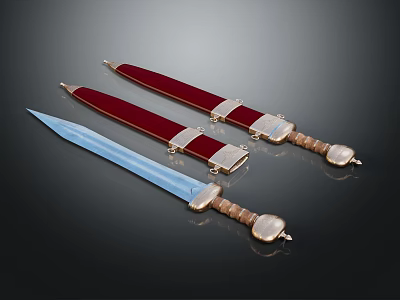 Classic Decorative Swords With Red Scabbards Brown Hilts And Metal Accents 3d model