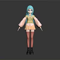 Anime Game Character With Teal Hair Yellow Top Skirt Pink Stockings And Black Boots