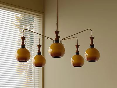 Modern Chandelier With Five Amber Glass Shades And Metal Hanging Arms 3d model
