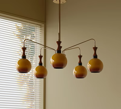 Modern Chandelier With Five Amber Glass Shades And Metal Hanging Arms 3d model
