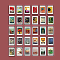 Multiple Picture Frames Neatly Arranged On Red Wall With Various Posters 3d model