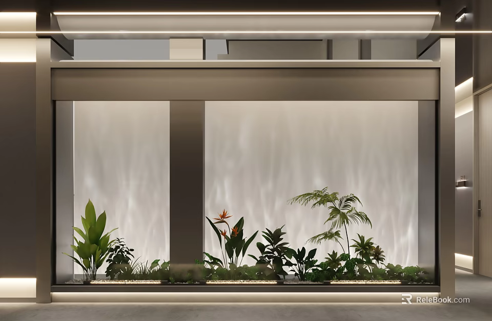 Elevator Hallway Design With Vertical Waterfall Feature And Green Plants 3d model