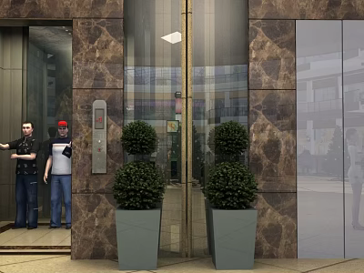 Two Men Standing By Glass Door Entrance With Potted Plants And Marble Wall 3d model