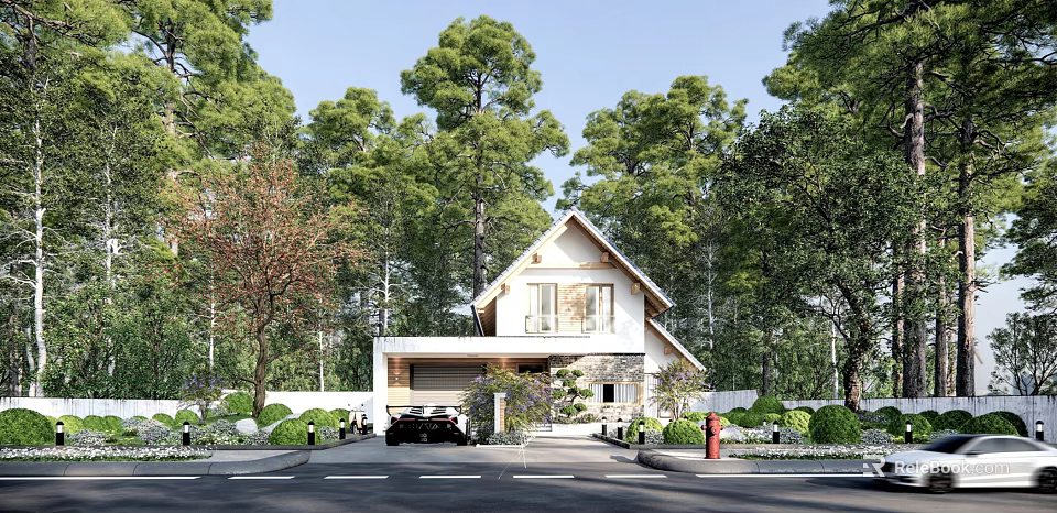 Detached Villa Exterior Featuring Gabled Roof Lush Trees Driveway Black Car And Natural Surroundings 3d model 