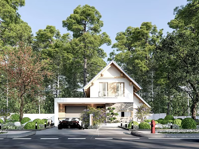 Detached Villa Exterior Featuring Gabled Roof Lush Trees Driveway Black Car And Natural Surroundings 3d model