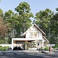 Detached Villa Exterior Featuring Gabled Roof Lush Trees Driveway Black Car And Natural Surroundings