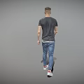 Man Standing Against Gray Background Wearing Dark Patterned T-shirt Blue Jeans White Sneakers with Reflection