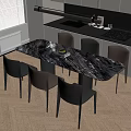Modern Dining Table Set With Marble Top Six Leather Chairs And Kitchen Cabinets 3d model