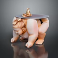 Sumo Wrestler Sculpture In Crouching Pose With Tray Bell And Tea Cup On Back