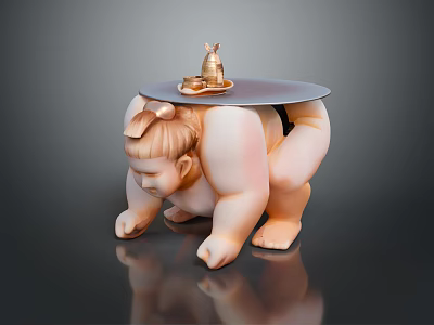 Sumo Wrestler Sculpture In Crouching Pose With Tray Bell And Tea Cup On Back 3d model