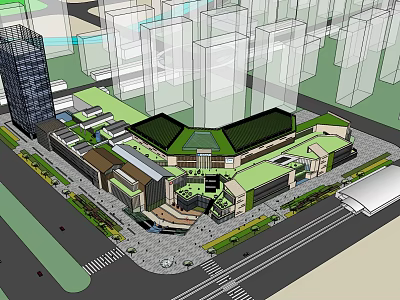 Modern Commercial Complex With Green Roof And Urban Plaza Surrounded By High-rises In Urban Center 3d model