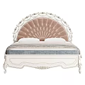 Elegant White Double Bed With Carved Tufted Upholstered Headboard And Striped Blanket