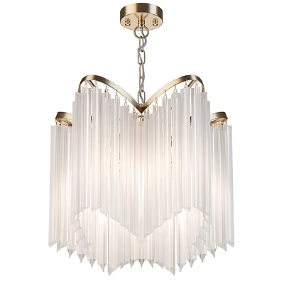 Modern Elegant Glass Chandelier With Vertical Transparent Strips And Brass Frame For Home Interior Lighting 3d model