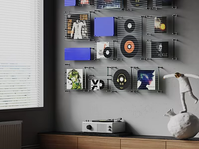 Vintage Digital Display with Vinyl Records and Radio on Wooden Cabinet Shelves and Blinds 3d model