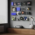 Vintage Digital Display with Vinyl Records and Radio on Wooden Cabinet Shelves and Blinds