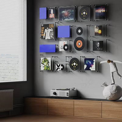 Vintage Digital Display with Vinyl Records and Radio on Wooden Cabinet Shelves and Blinds 3d model