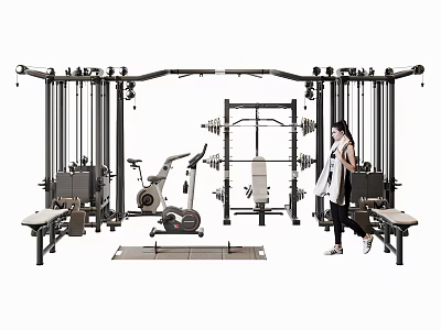 Fitness Gym With Multi functional Trainer Exercise Bike Dumbbell Rack And Woman Working Out 3d model