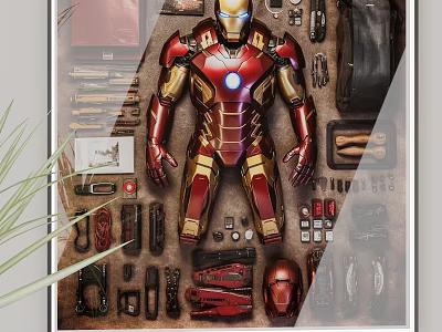 Iron Man Armor Photo Wall with Helmet Tools and Weapons Display Decor 3d model