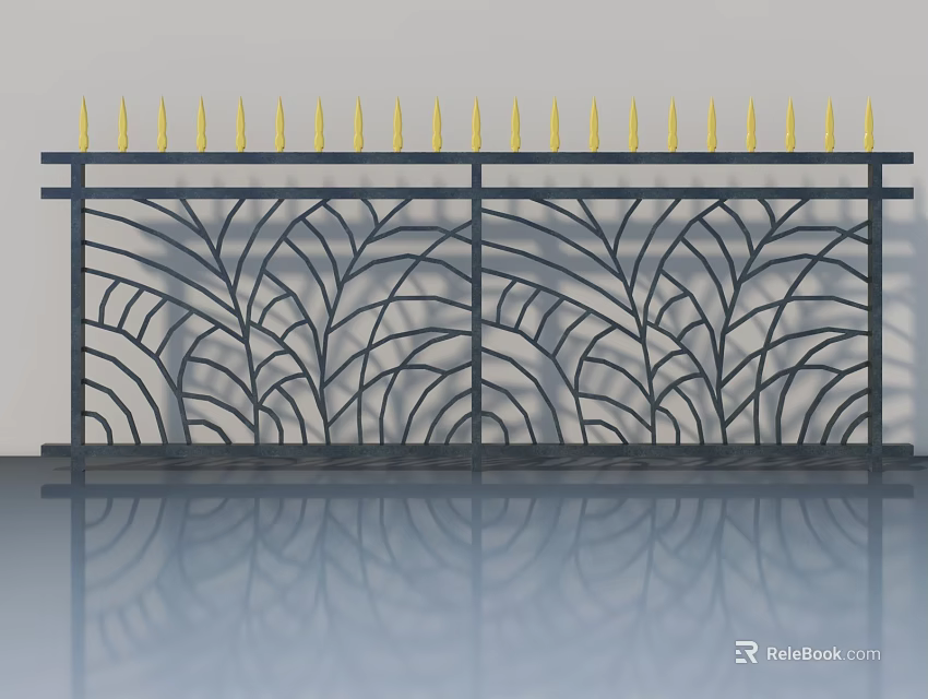 Elegant Black Wrought Iron Swing Door With Leaf Shaped Cutout Patterns And Yellow Spikes 3d model 