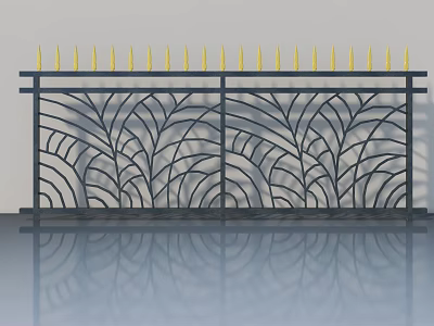 Elegant Black Wrought Iron Swing Door With Leaf Shaped Cutout Patterns And Yellow Spikes 3d model