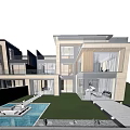 Modern Detached Villa With Large Glass Windows Lush Lawn And Swimming Pool