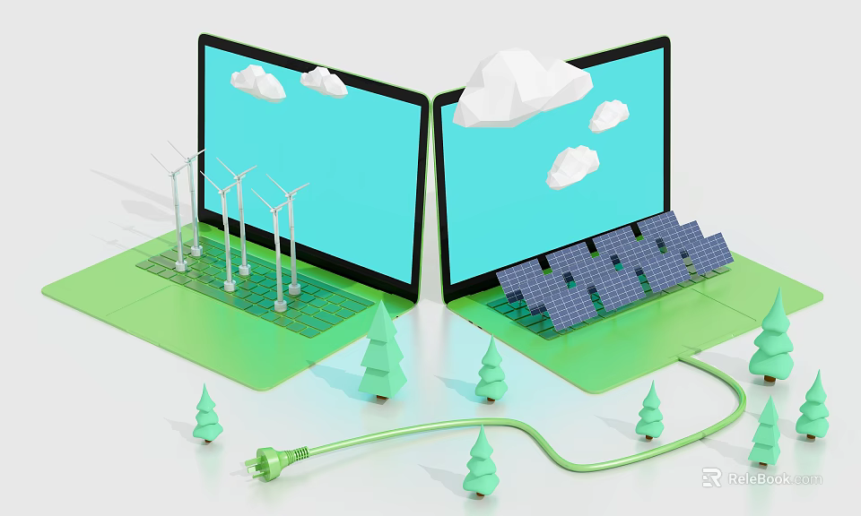 Cartoon Scene With Two Laptop Screens Wind Turbines Solar Panels Small Trees And Clouds 3d model 
