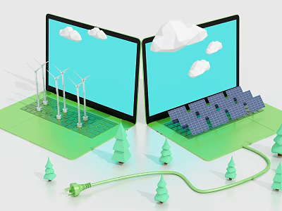 Cartoon Scene With Two Laptop Screens Wind Turbines Solar Panels Small Trees And Clouds 3d model