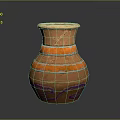 Decorative Clay Pot With Orange Ring Accents And Purple Wavy Patterns