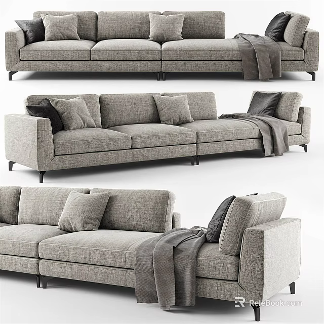 Modern Gray Fabric Sectional Sofa With Plush Pillows And Throw Blanket 3d model