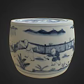 Traditional Blue and White Porcelain Jar with Botanical Patterns and Scenic Plant Motifs