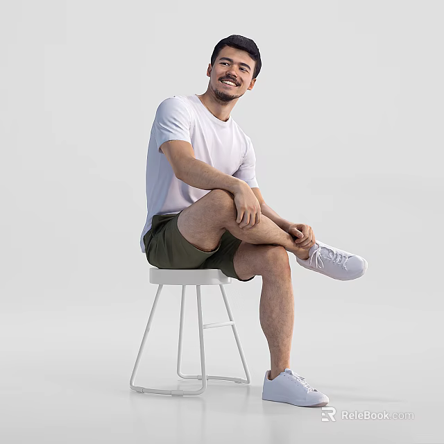 Man Sitting On White Stool In White T-Shirt Green Shorts And White Sneakers 3d model 