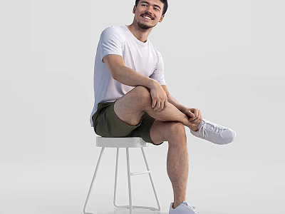 Man Sitting On White Stool In White T-Shirt Green Shorts And White Sneakers 3d model