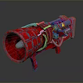 Red Mechanical Weapon with Horn Shaped Front Metal Chains and Stand Base