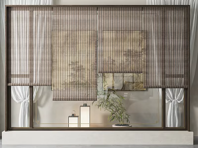 Modern Bamboo Blinds For Window Interior With Stylish Plants And Lighting Decor 3d model