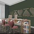 Mall Shop with Green Walls Heart Shaped Shelves Pink Chairs Colorful Items and City View