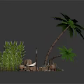 Rustic Outdoor Camping Tent Furniture With Palm Tree Bamboo And Campfire Stones