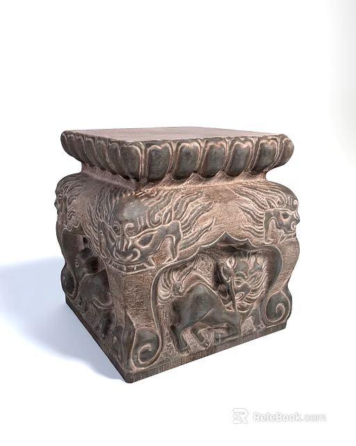 Traditional Stone Sculpture Carving With Detailed Lotus Petals Lion And Intricate Patterns 3d model 