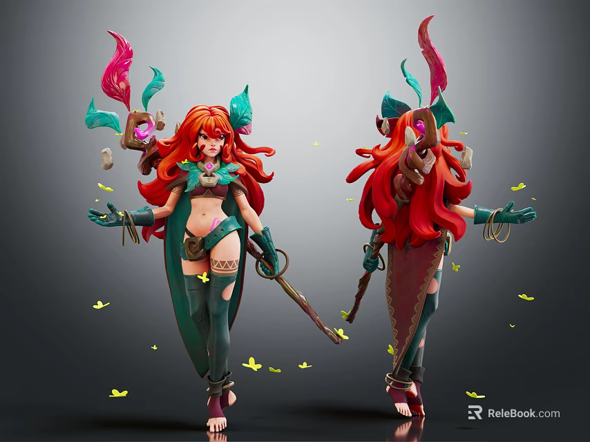 Fantasy Female Character with Red Long Hair Green Outfit Wielding Weapon Surrounded by Yellow Butterflies 3d model 