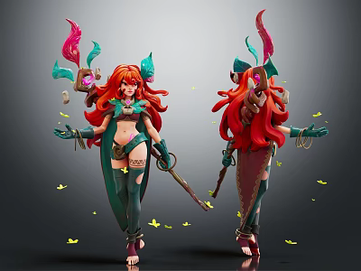 Fantasy Female Character with Red Long Hair Green Outfit Wielding Weapon Surrounded by Yellow Butterflies 3d model