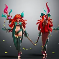 Fantasy Female Character with Red Long Hair Green Outfit Wielding Weapon Surrounded by Yellow Butterflies