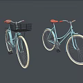 Two Light Blue Bicycles With Orange Seats And Black Front Baskets